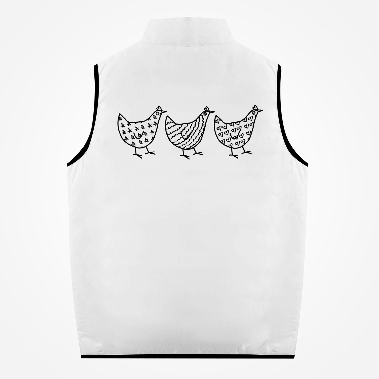 Jacki Easlick Three Crazy Chickens Cotton-pad Zipper-up Vest featuring a fun chicken design, made from a soft polyester blend, ideal for winter wear.
