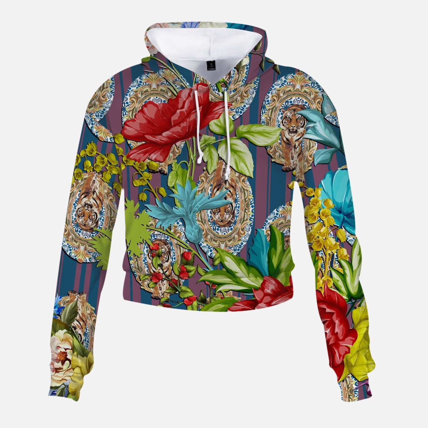 Jacki Easlick Tiger Flower Cropped Sweatshirt featuring a classic round collar and roomy front pocket, designed for women in a stylish cropped fit.