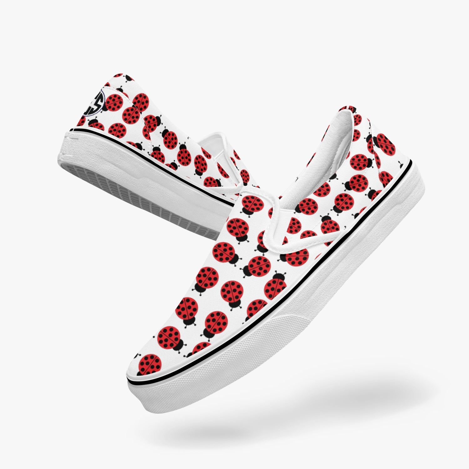 JES Ladybug Slip-On Sneakers featuring a vibrant ladybug print, designed for unisex comfort and style.