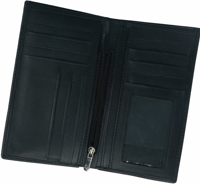 JILD-18 Pockets Leather Long Wallet in black, showcasing its multiple compartments and elegant design.