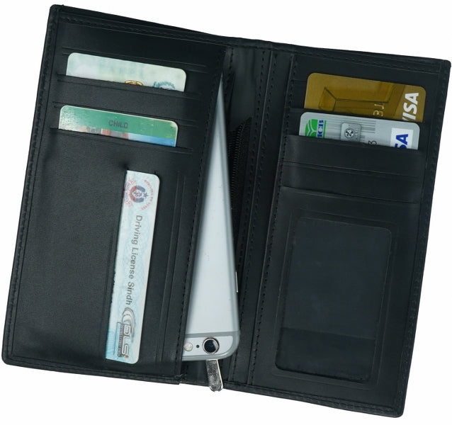 JILD-18 Pockets Leather Long Wallet in black, showcasing its multiple compartments and elegant design.