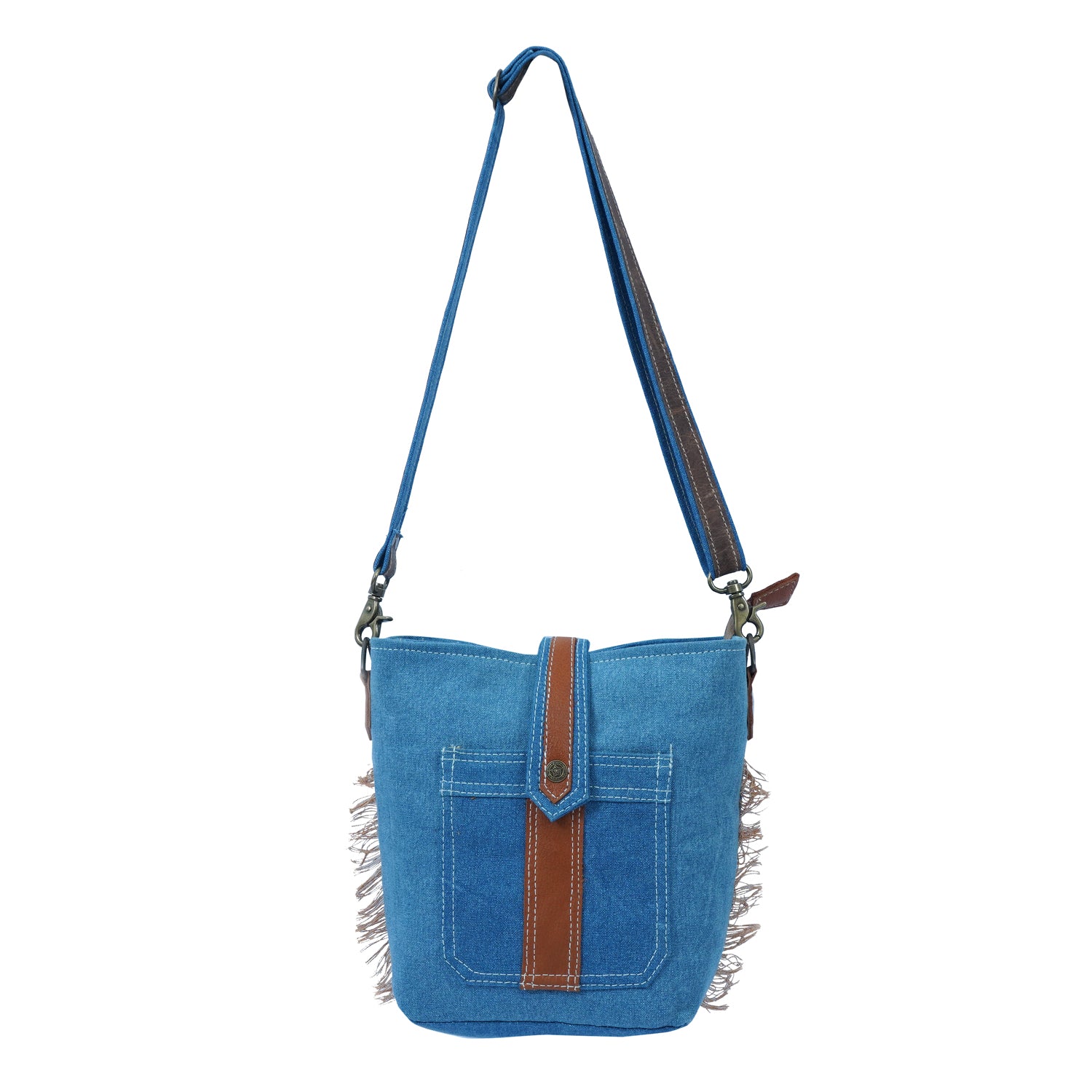 Jiok Crossbody Bag made of denim fabric and leather, featuring a stylish design and smooth YKK zipper closure.