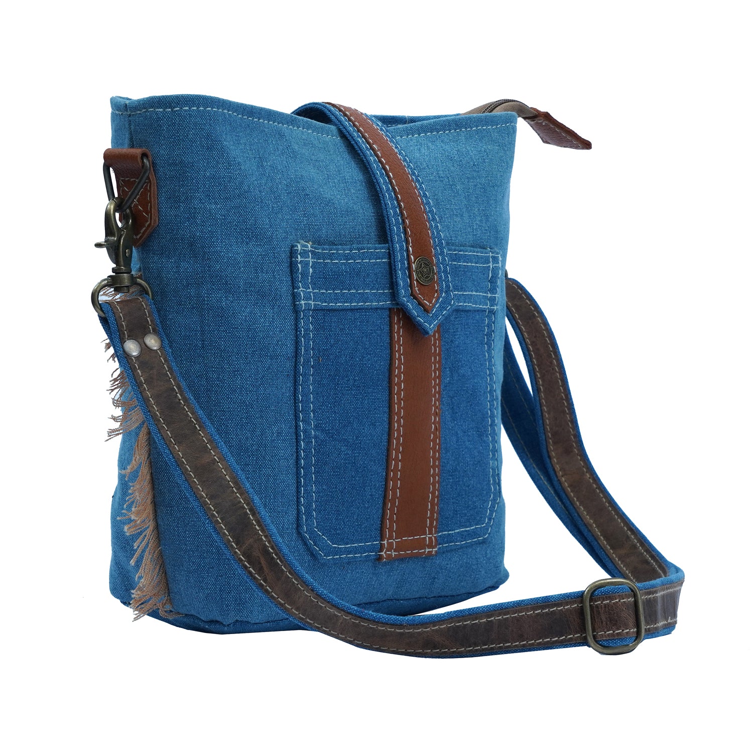 Jiok Crossbody Bag made of denim fabric and leather, featuring a stylish design and smooth YKK zipper closure.