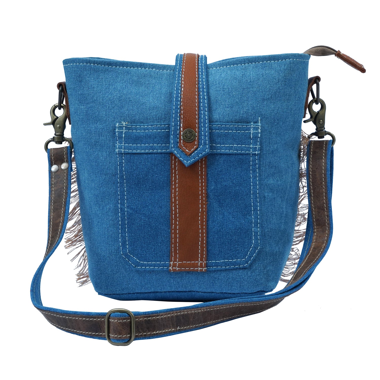 Jiok Crossbody Bag made of denim fabric and leather, featuring a stylish design and smooth YKK zipper closure.