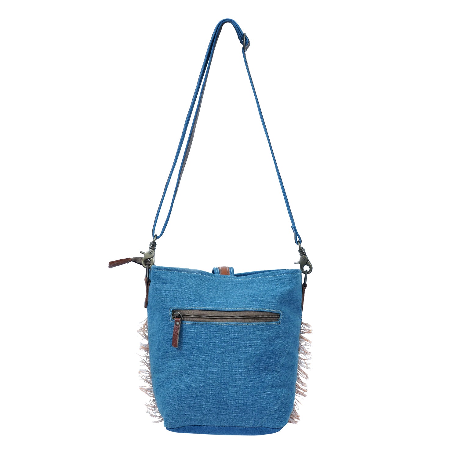 Jiok Crossbody Bag made of denim fabric and leather, featuring a stylish design and smooth YKK zipper closure.