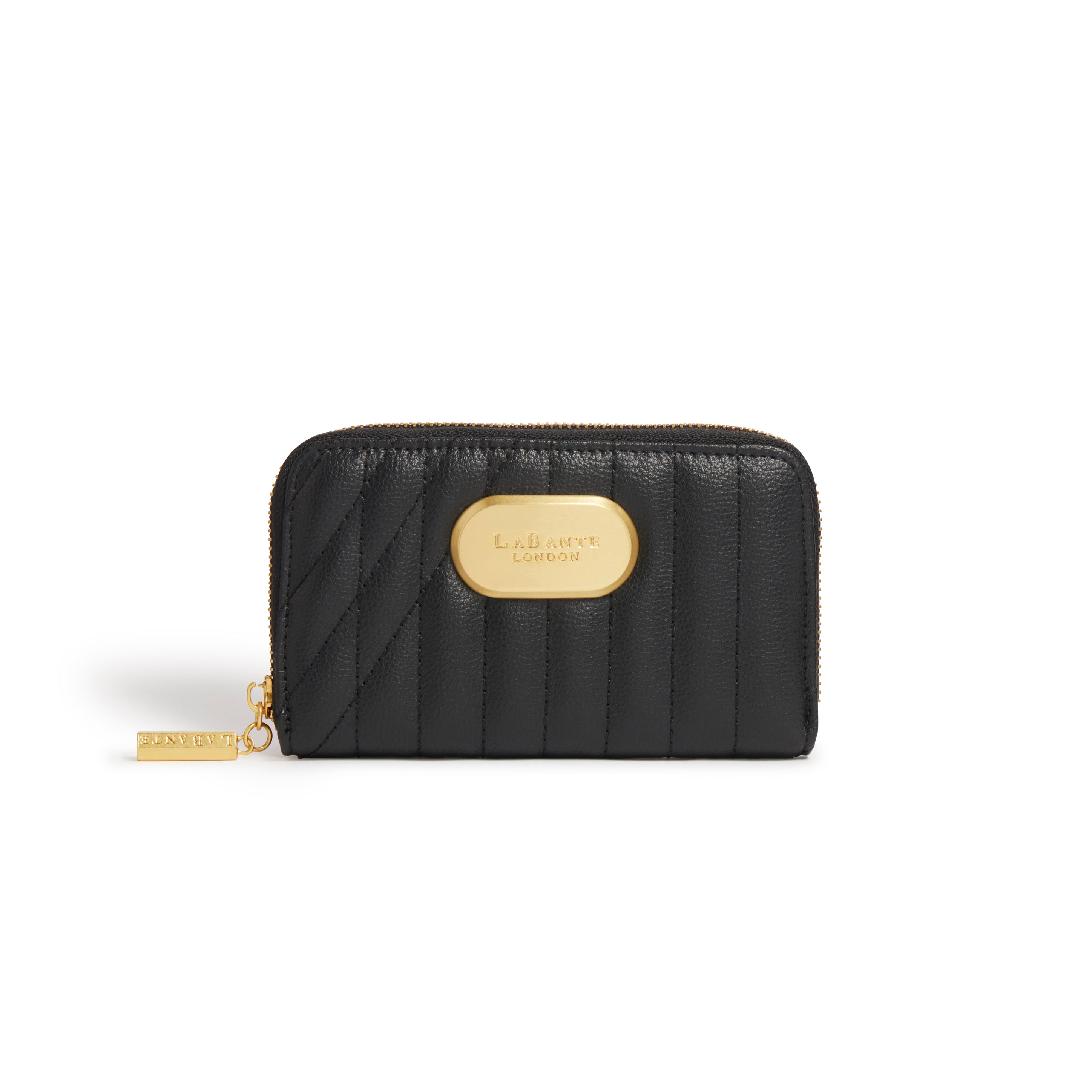 Kenia Wallet in Black, a luxurious vegan zip-around wallet featuring multiple card slots and a stylish LaBante London logo.
