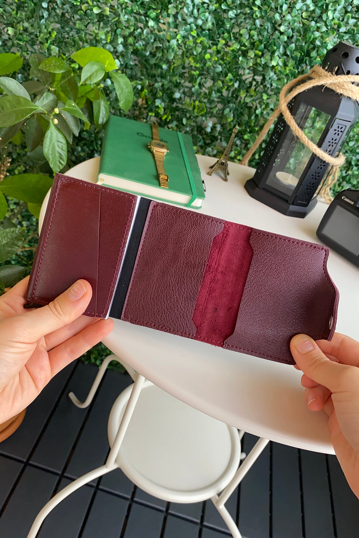 Konk Synthetic Leather RFID Protection Pop-up Cardholder in red, showcasing its sleek design and pop-up mechanism.