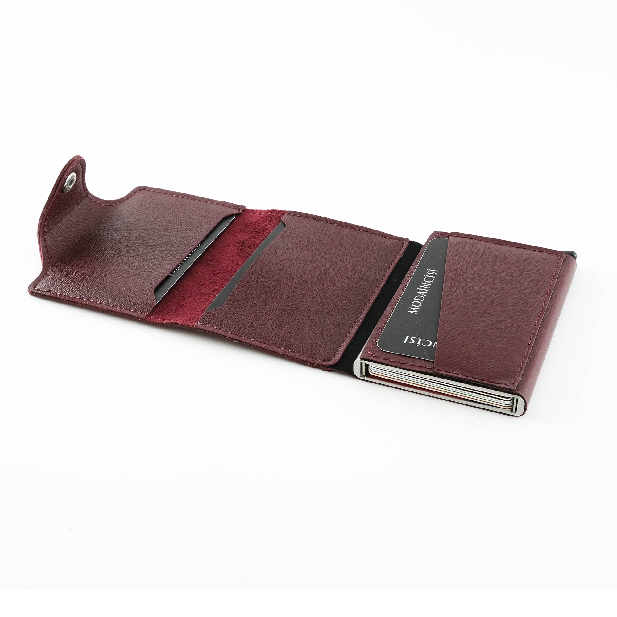 Konk Synthetic Leather RFID Protection Pop-up Cardholder in red, showcasing its sleek design and pop-up mechanism.