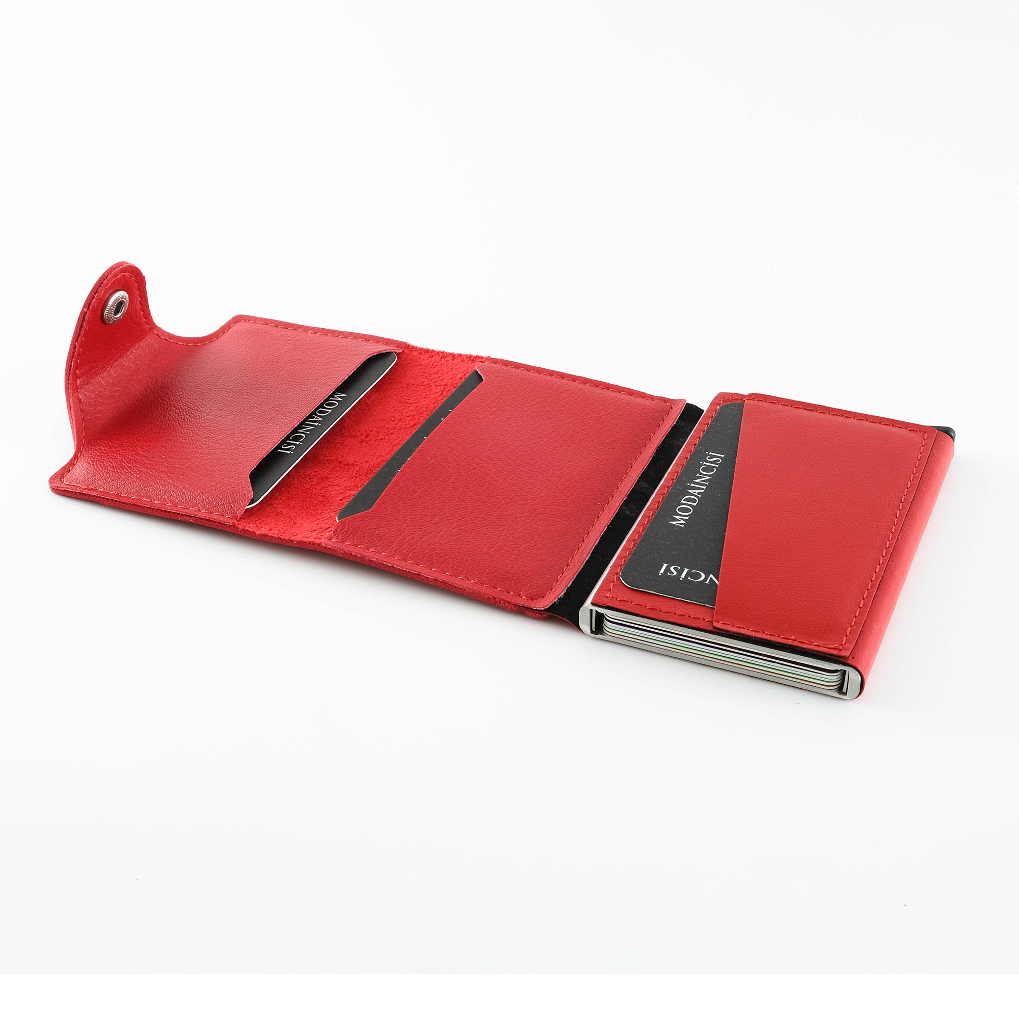 Konk Synthetic Leather RFID Protection Pop-up Cardholder in red, showcasing its sleek design and pop-up mechanism.