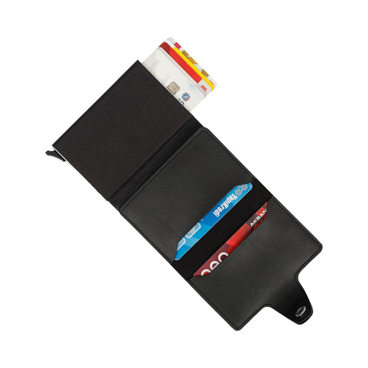 Konk Synthetic Leather RFID Protection Pop-up Cardholder in red, showcasing its sleek design and pop-up mechanism.