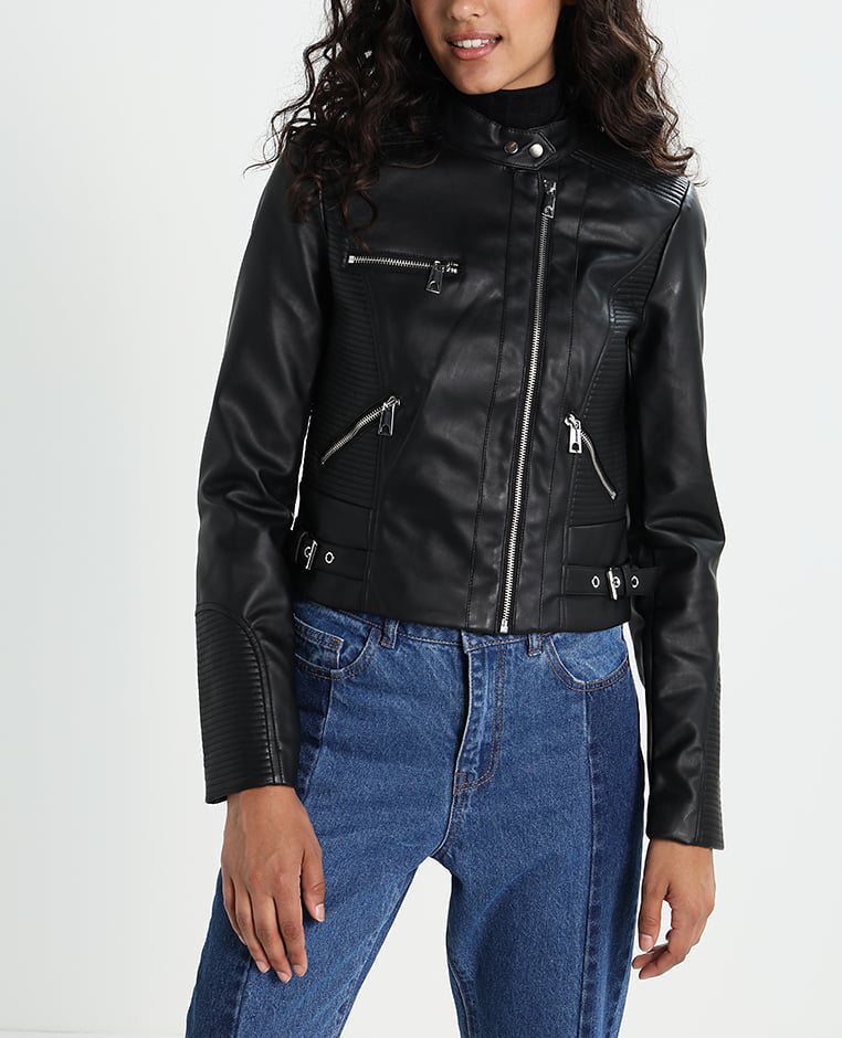 Koza Leathers Women's Real Lambskin Leather Bomber Jacket in black with satin lining and YKK zipper, featuring multiple pockets.
