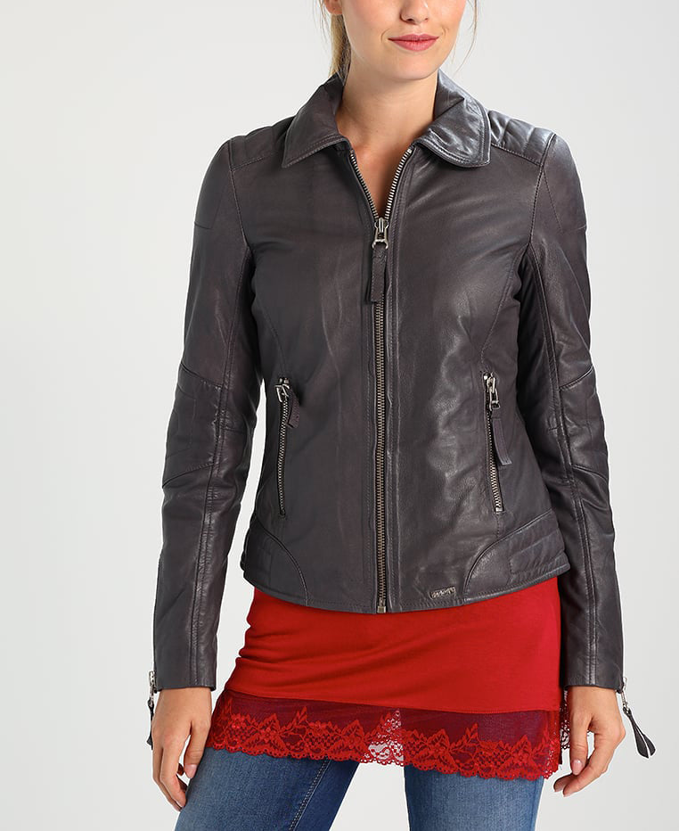 Koza Leathers Women's Real Lambskin Leather Bomber Jacket in black with satin lining and YKK zipper, featuring multiple pockets.