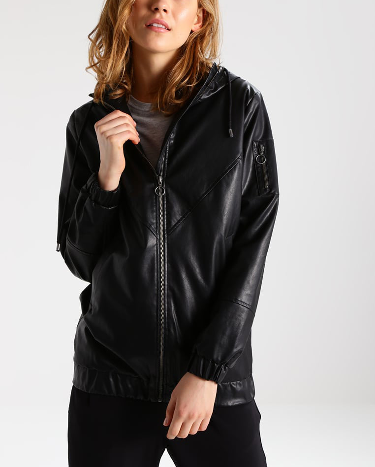 Koza Leathers Women's Real Lambskin Leather Bomber Jacket in black with satin lining and YKK zipper, showcasing its stylish design and multiple pockets.