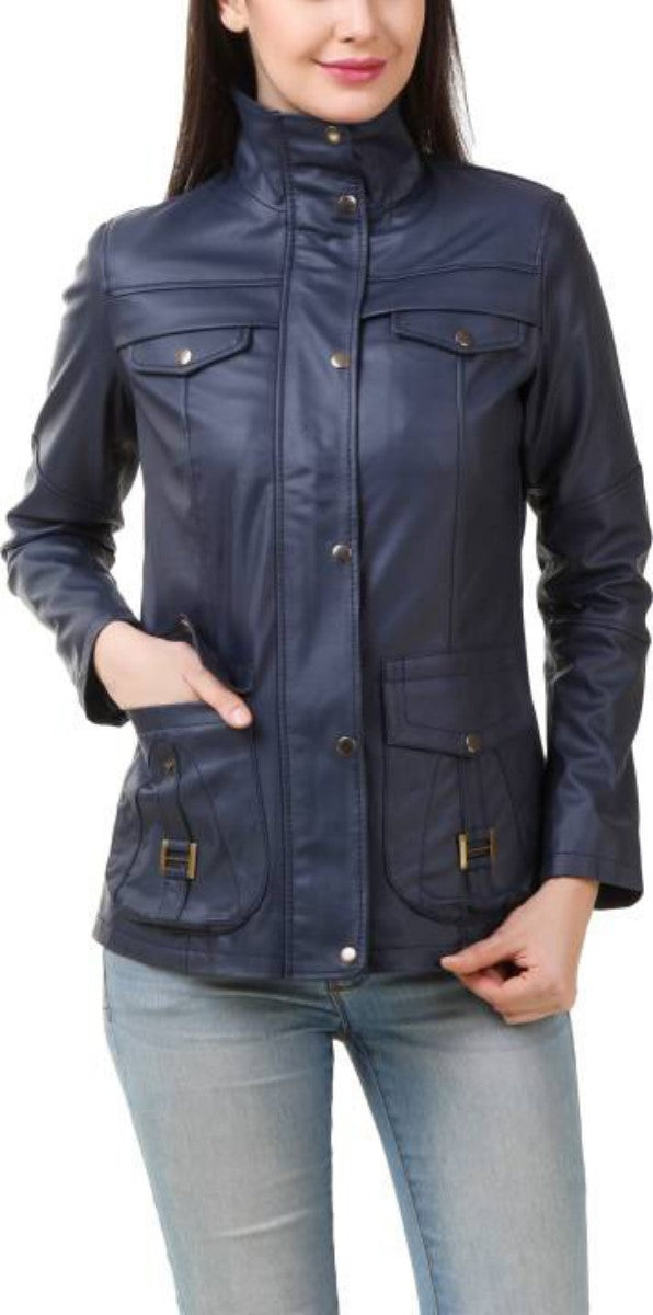 Koza Leathers Women's Real Lambskin Leather Bomber Jacket in black with satin lining and YKK zipper, featuring multiple pockets.