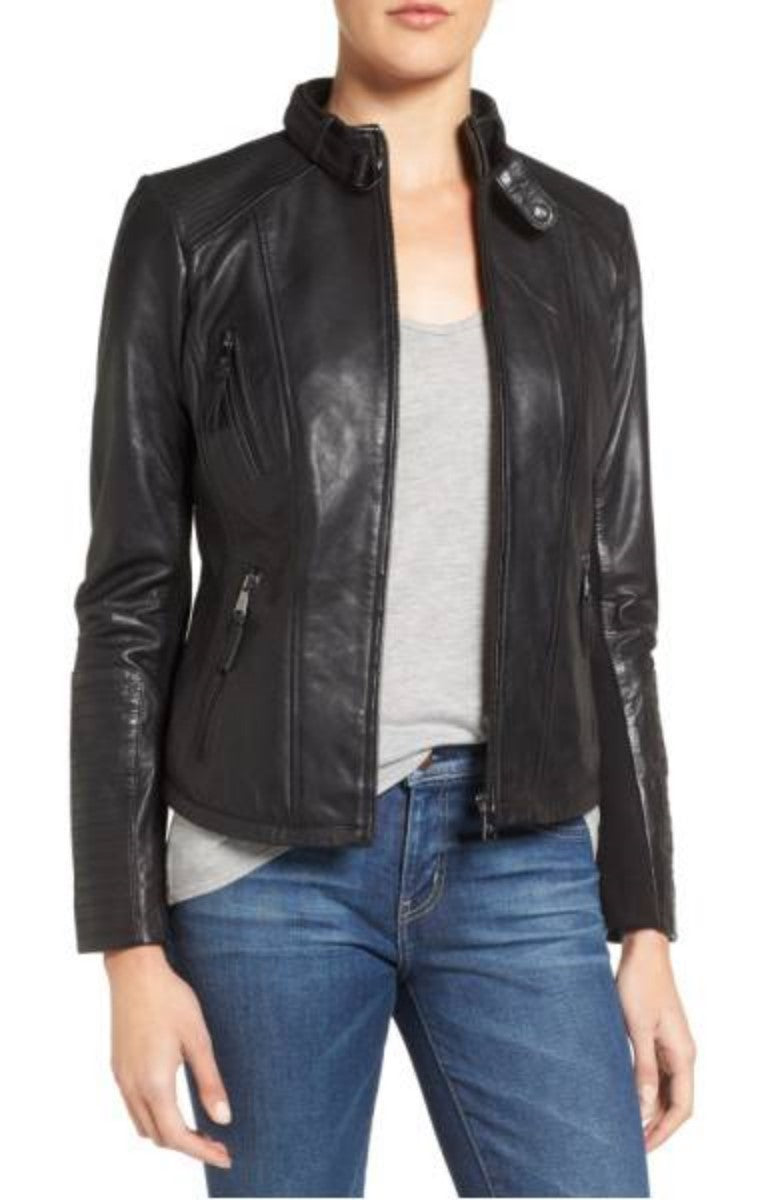 Koza Leathers Women's Real Lambskin Leather Bomber Jacket KW314 displayed on a mannequin, showcasing its sleek design and high-quality leather finish.