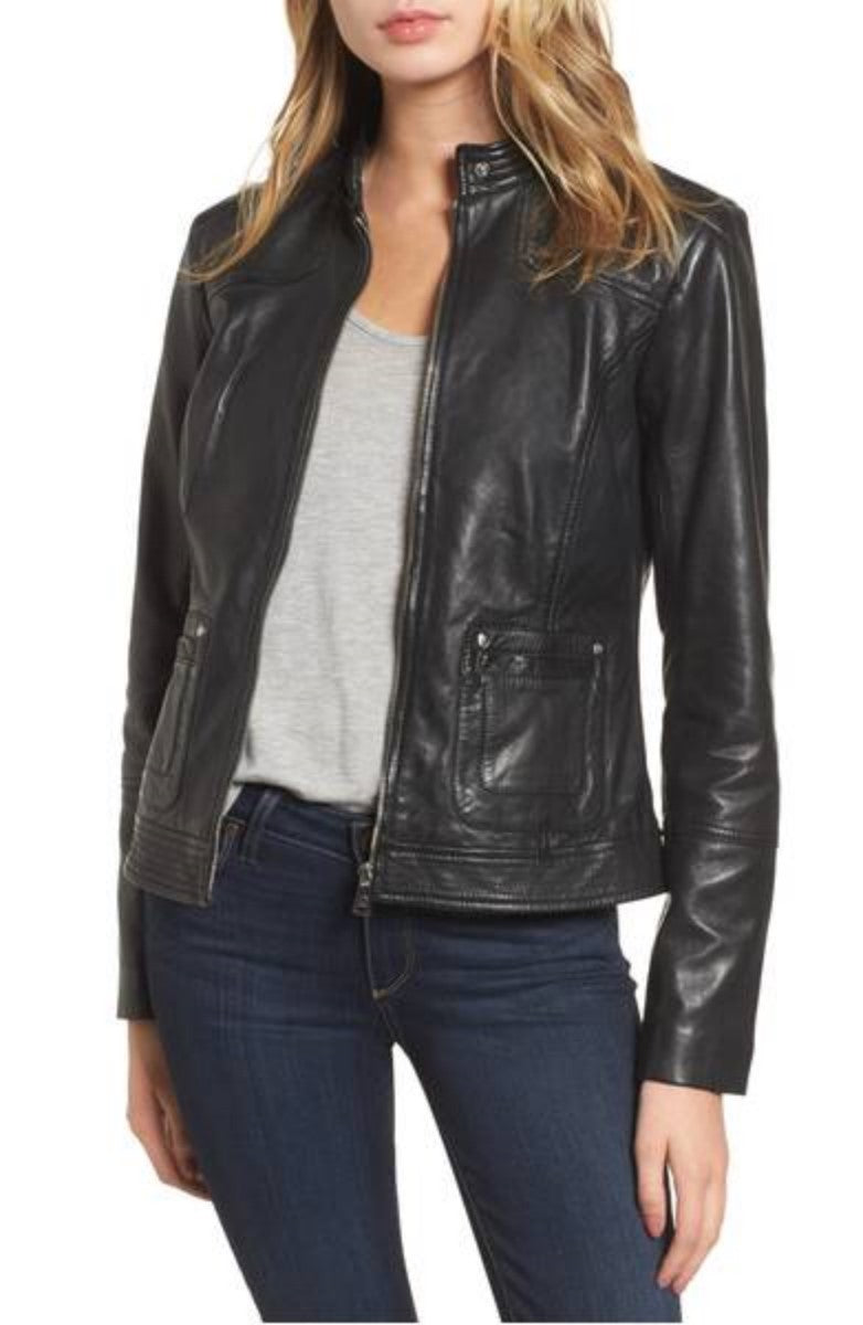 Koza Leathers Women's Real Lambskin Leather Bomber Jacket KW309 featuring a stylish bomber design with satin lining and YKK zipper.