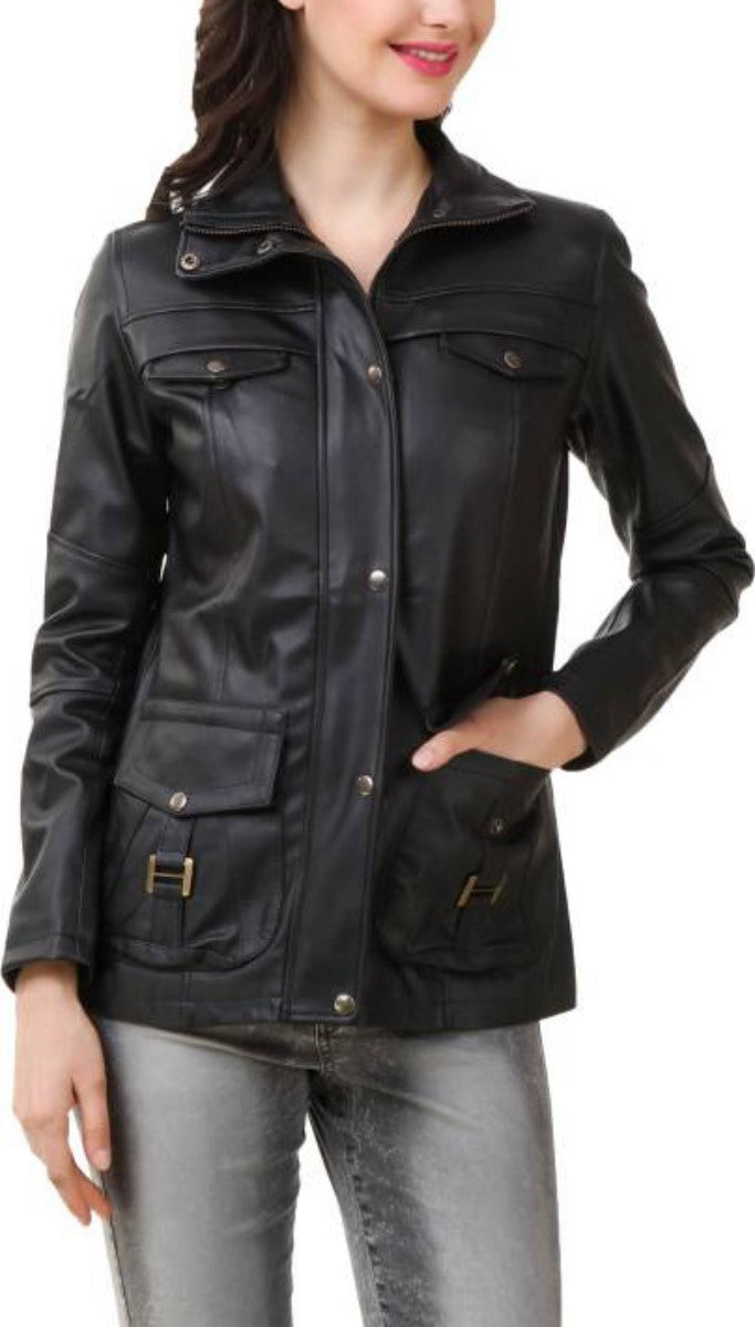Koza Leathers Women's Real Lambskin Leather Bomber Jacket KW395 showcasing its soft leather, satin lining, and stylish bomber design.