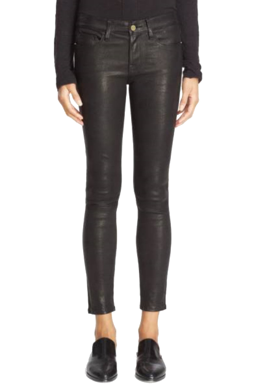 Koza Leathers Women's Real Lambskin Leather Capri Pant WP001 displayed on a mannequin, showcasing its elegant design and soft texture.
