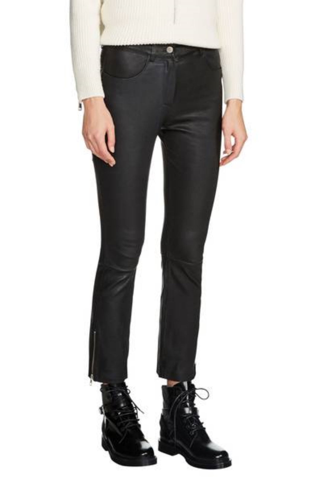 Koza Leathers Women's Real Lambskin Leather Capri Pant WP016 displayed on a mannequin, showcasing its sleek design and high-quality lambskin leather.