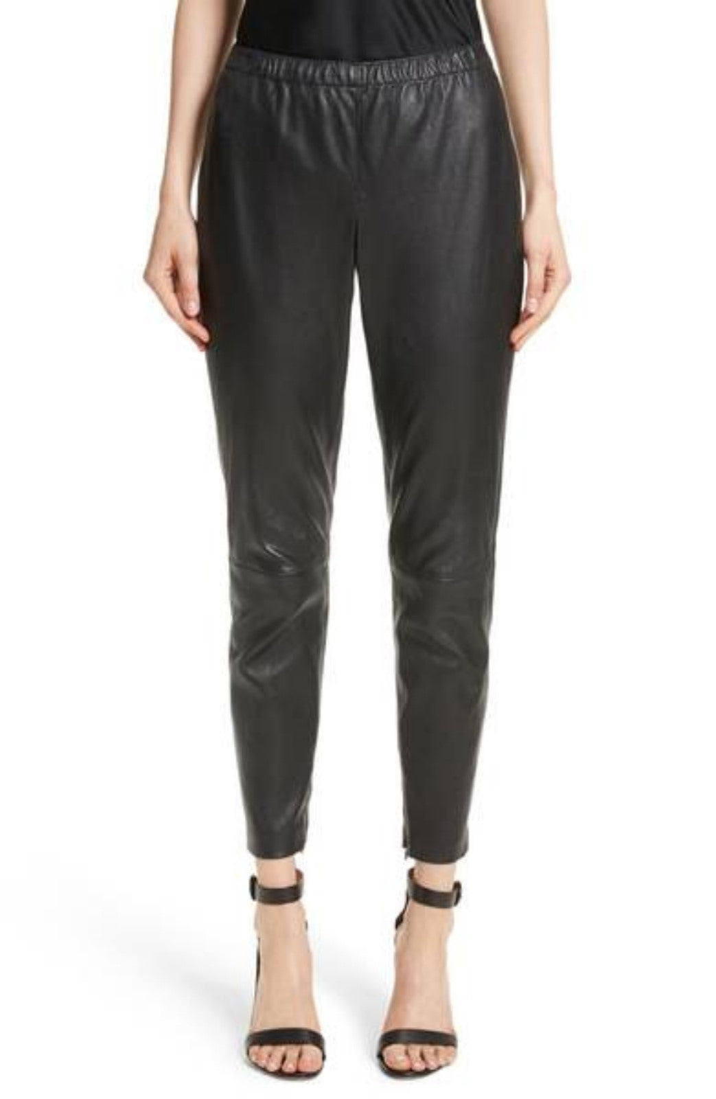 Koza Leathers Women's Real Lambskin Leather Capri Pant WP018 displayed on a mannequin, showcasing its sleek design and high-quality lambskin leather.