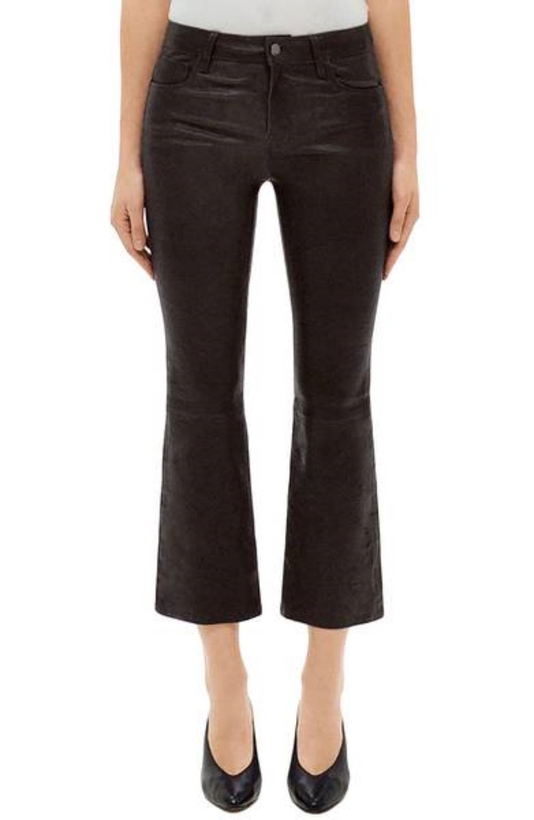 Koza Leathers Women's Real Lambskin Leather Capri Pant WP019, showcasing soft lambskin leather with fine stitching and pockets.