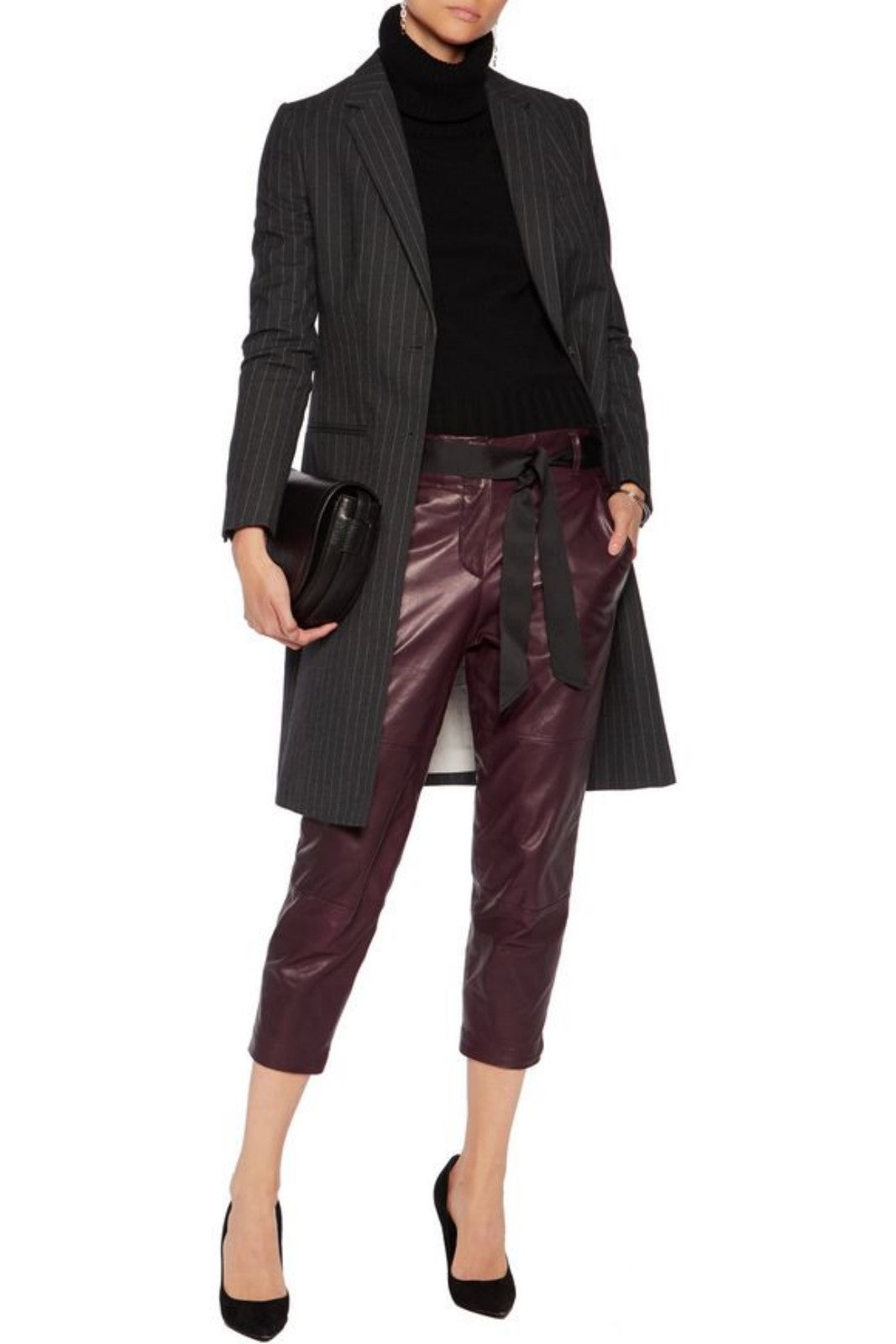 Koza Leathers Women's Real Lambskin Leather Capri Pant WP036 displayed on a model, showcasing its elegant design and fit.