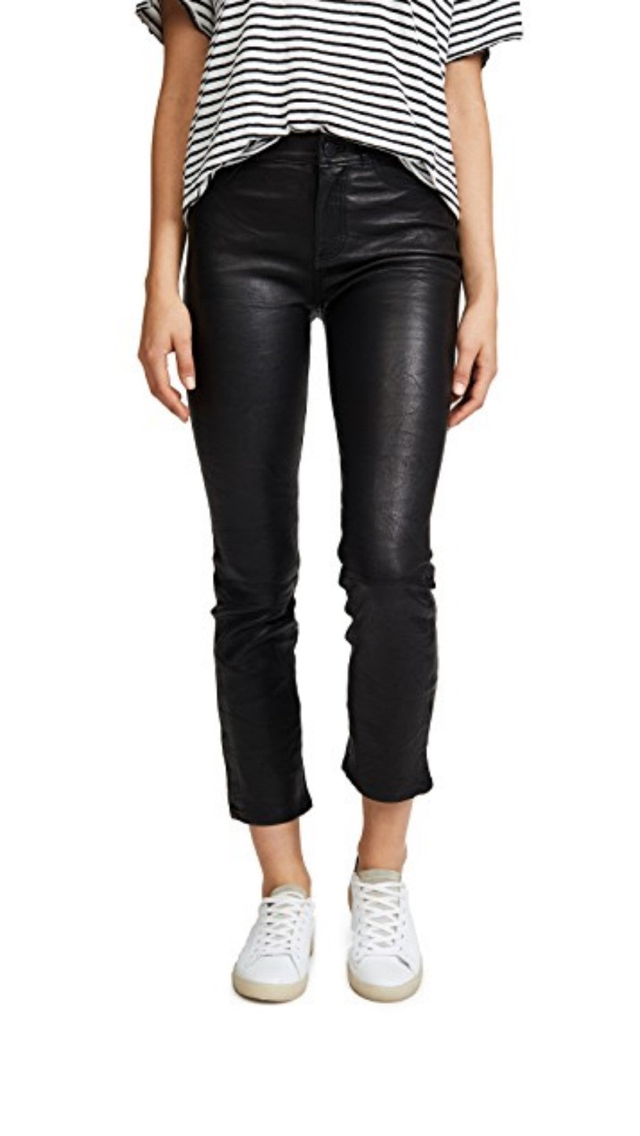 Koza Leathers Women's Real Lambskin Leather Capri Pant WP038 displayed on a mannequin, showcasing its sleek design and soft lambskin texture.