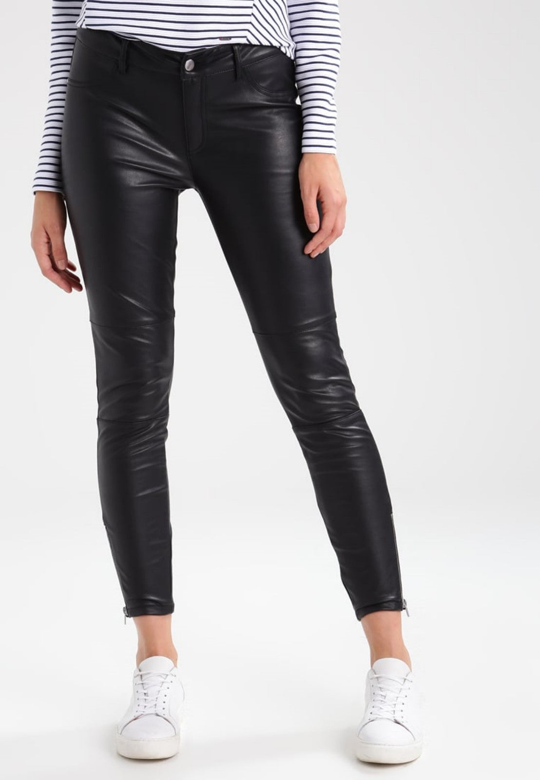 Koza Leathers Women's Real Lambskin Leather Capri Pant WP051 displayed on a mannequin, showcasing its sleek design and high-quality lambskin leather.