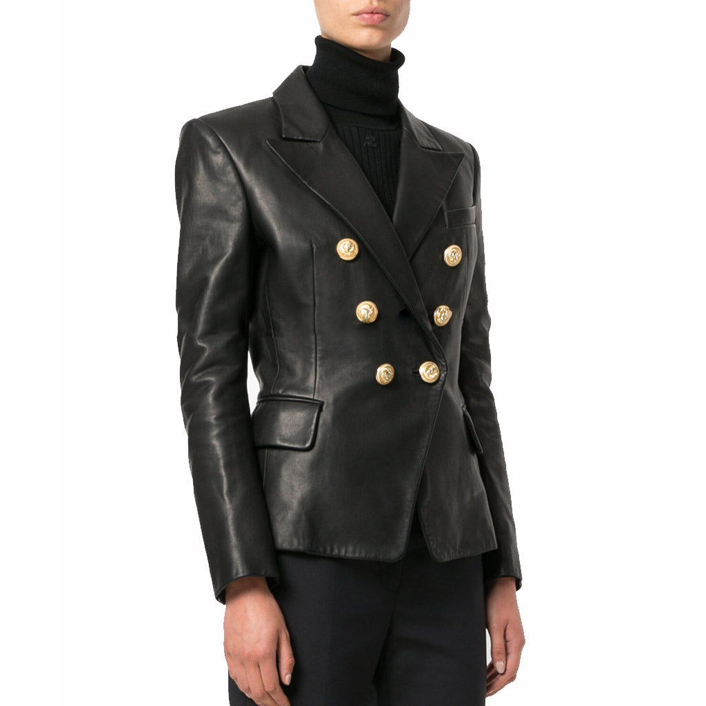 Koza Leathers Women's Real Lambskin Leather Double Breasted Blazer in black with satin lining and high-quality hardware.