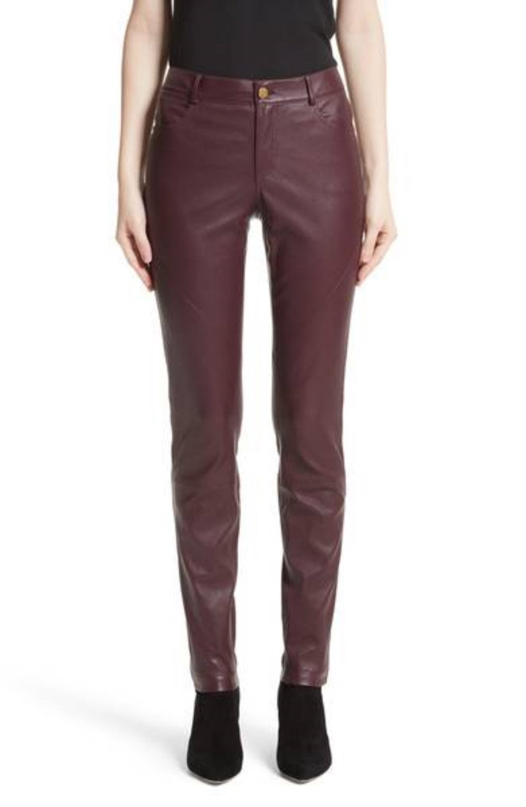 Koza Leathers Women's Real Lambskin Leather Skinny Pant WP061 displayed on a mannequin, showcasing its sleek design and high-quality lambskin leather.