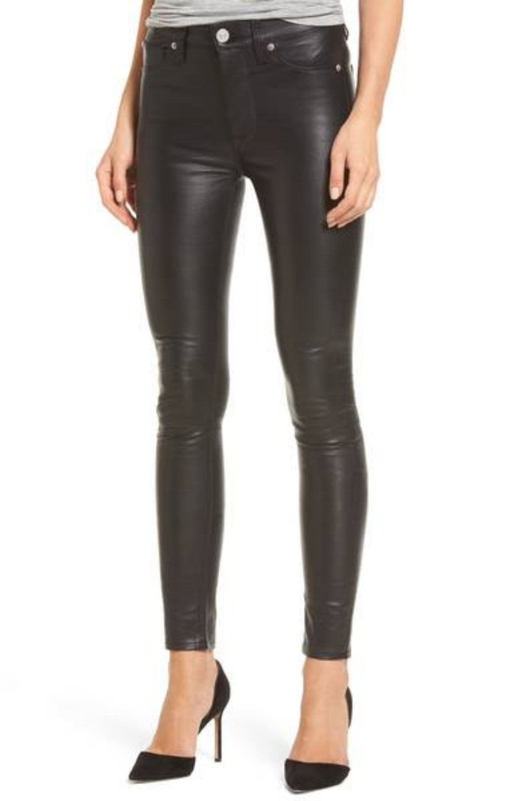 Koza Leathers Women's Real Lambskin Leather Skinny Pant WP062 displayed on a mannequin, showcasing its sleek design and high-quality lambskin leather.