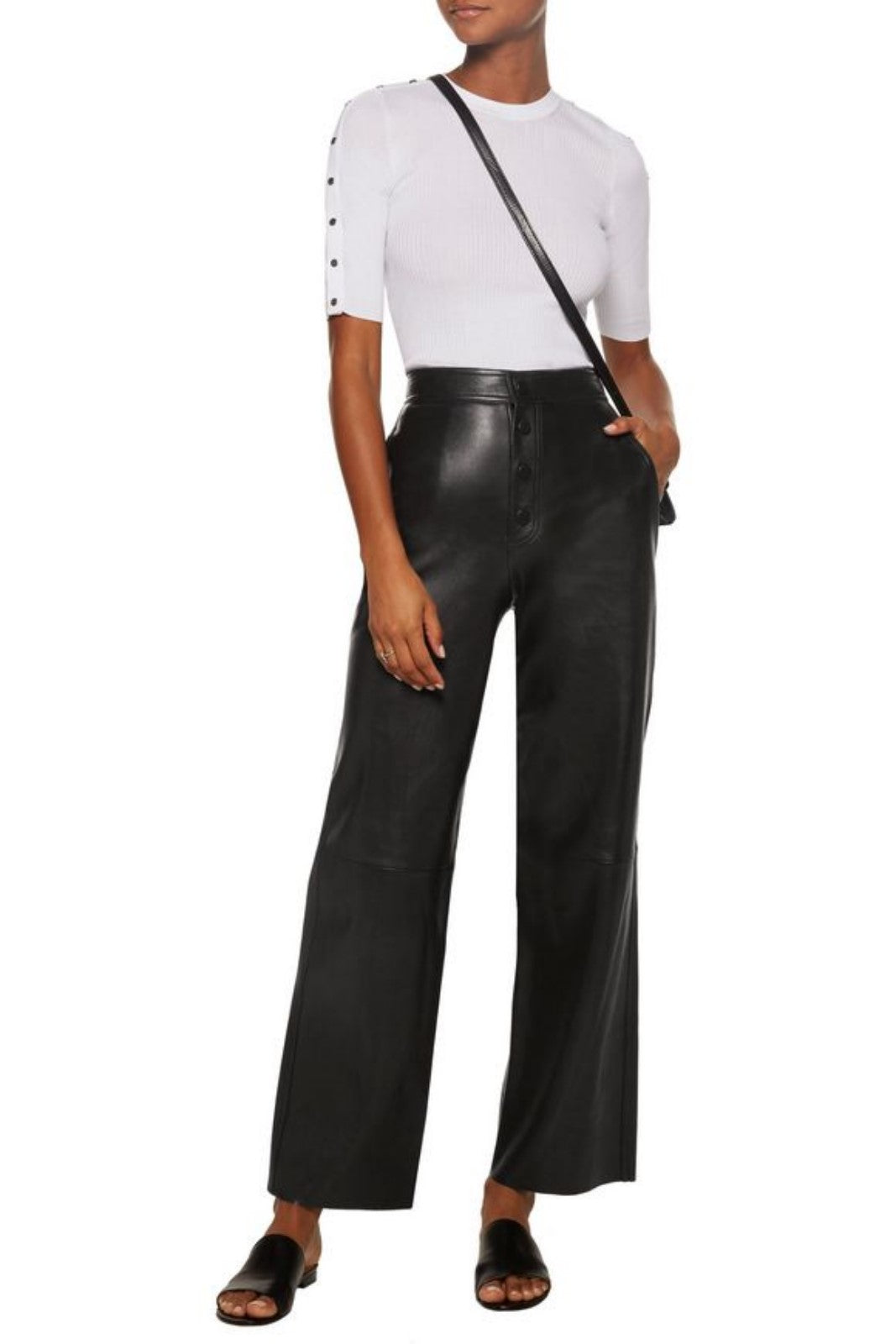 Koza Leathers Women's Real Lambskin Leather Skinny Pant WP070 displayed on a mannequin, showcasing its sleek design and high-quality lambskin leather.
