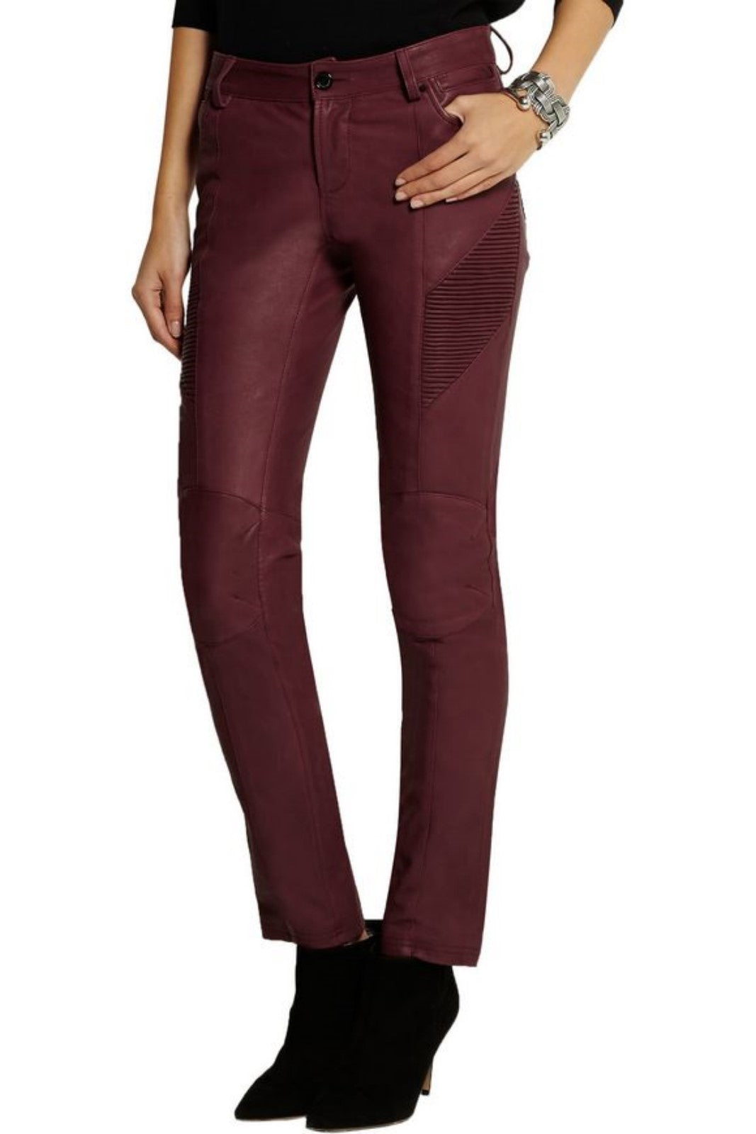 Koza Leathers Women's Real Lambskin Leather Skinny Pant WP073 displayed on a mannequin, showcasing its sleek design and luxurious lambskin texture.
