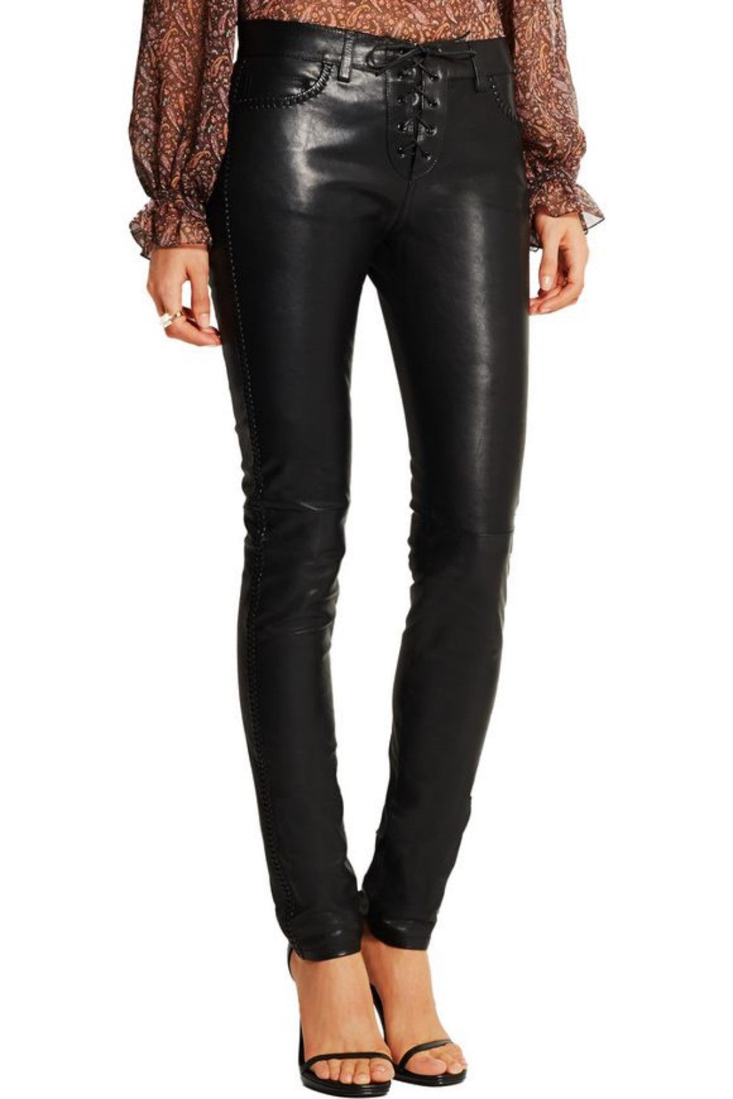 Koza Leathers Women's Real Lambskin Leather Skinny Pant WP084 displayed on a mannequin, showcasing its sleek design and high-quality lambskin leather.