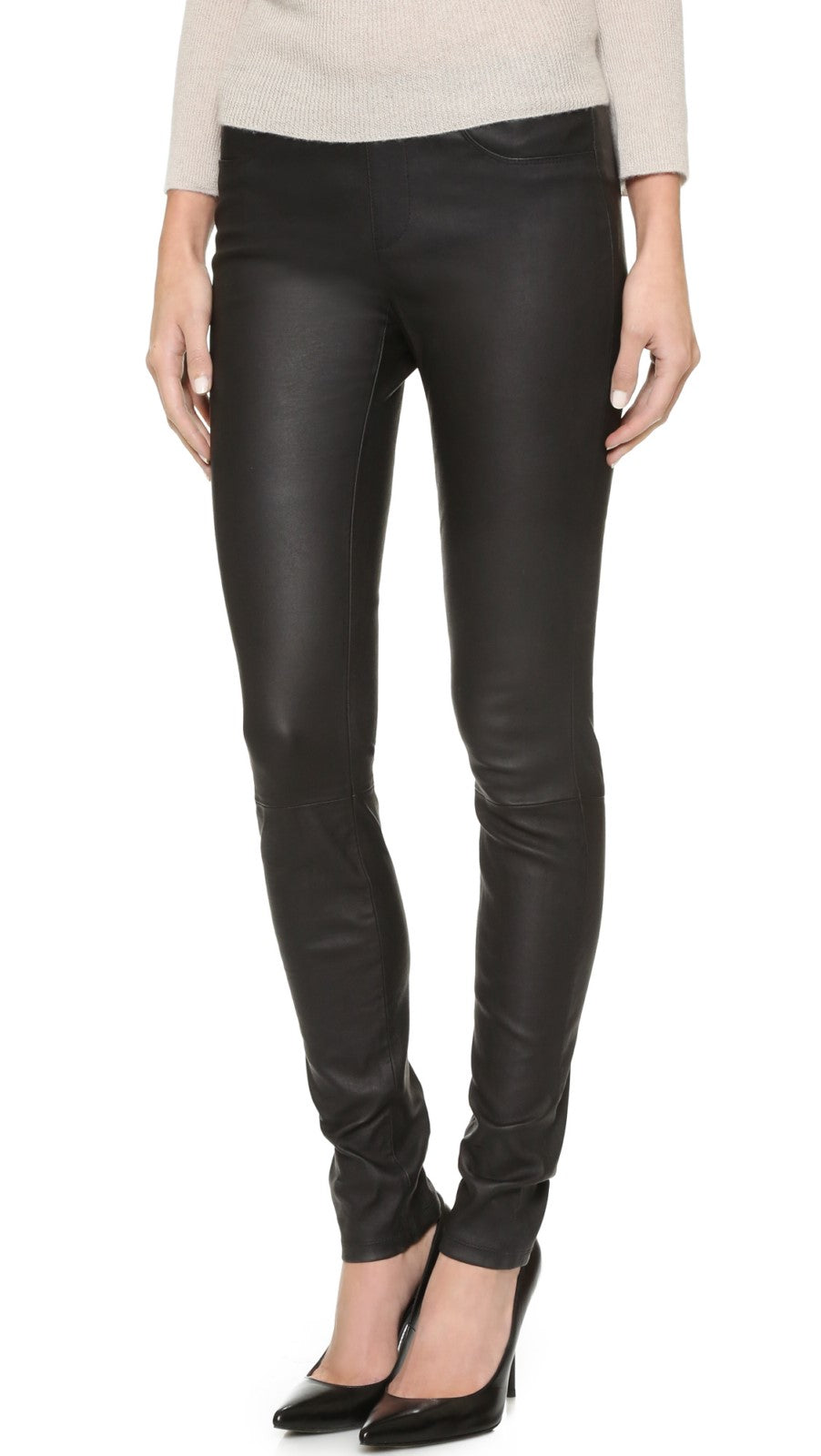 Koza Leathers Women's Real Lambskin Leather Skinny Pant WP097, showcasing soft lambskin leather with a sleek design and pockets.