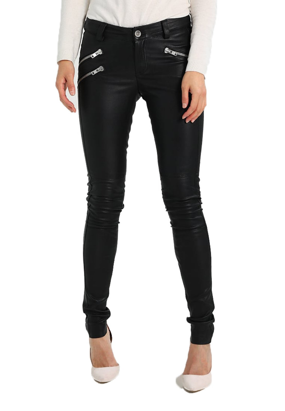 Koza Leathers Women's Real Lambskin Leather Skinny Pant WP098 displayed on a mannequin, showcasing its sleek design and high-quality lambskin leather.