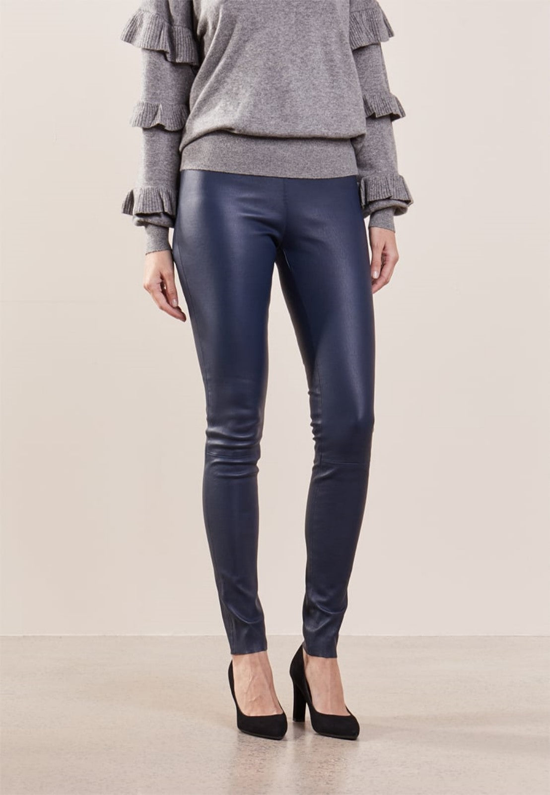 Koza Leathers Women's Real Lambskin Leather Skinny Pant WP111, showcasing soft lambskin leather with fine stitching and pockets.