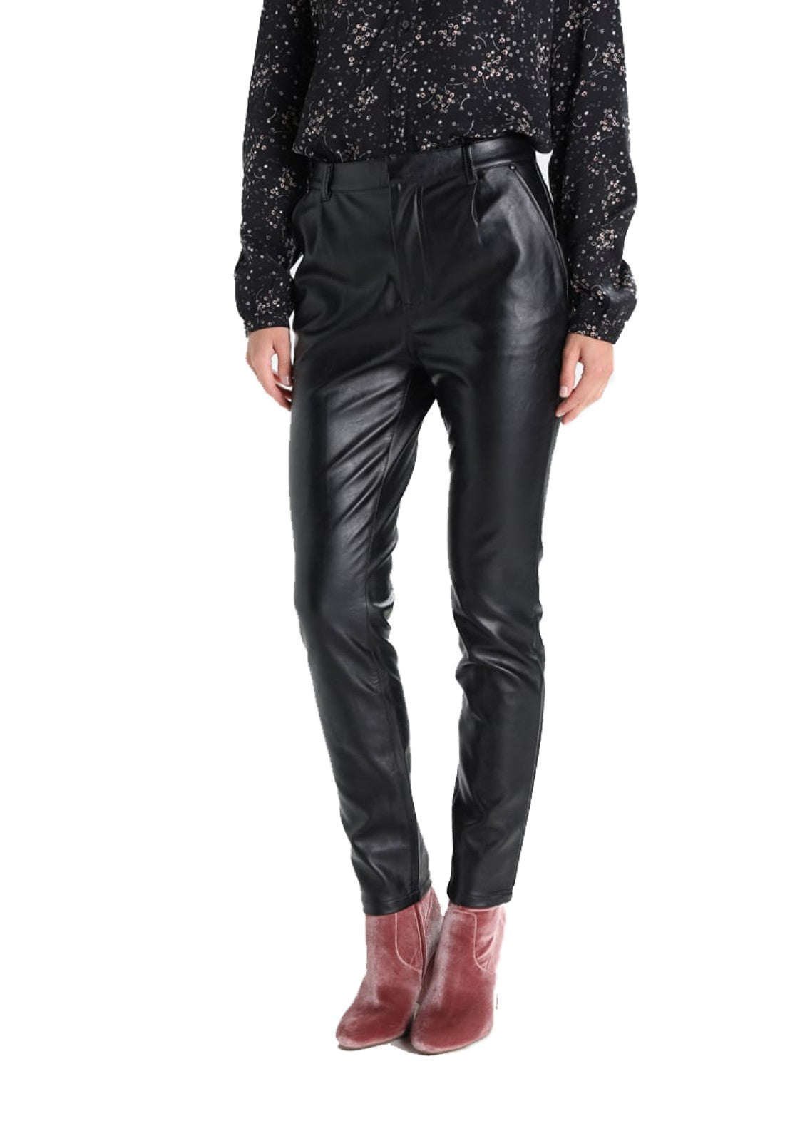 Koza Leathers Women's Real Lambskin Leather Skinny Pant WP103 displayed on a mannequin, showcasing its sleek design and high-quality lambskin leather.