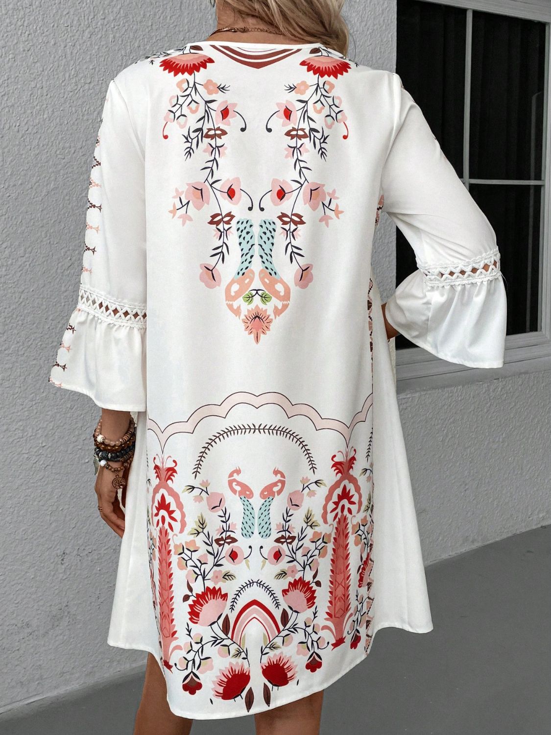 Lace Detail Printed Three-Quarter Sleeve Dress featuring elegant lace accents and semi-sheer fabric, perfect for stylish occasions.