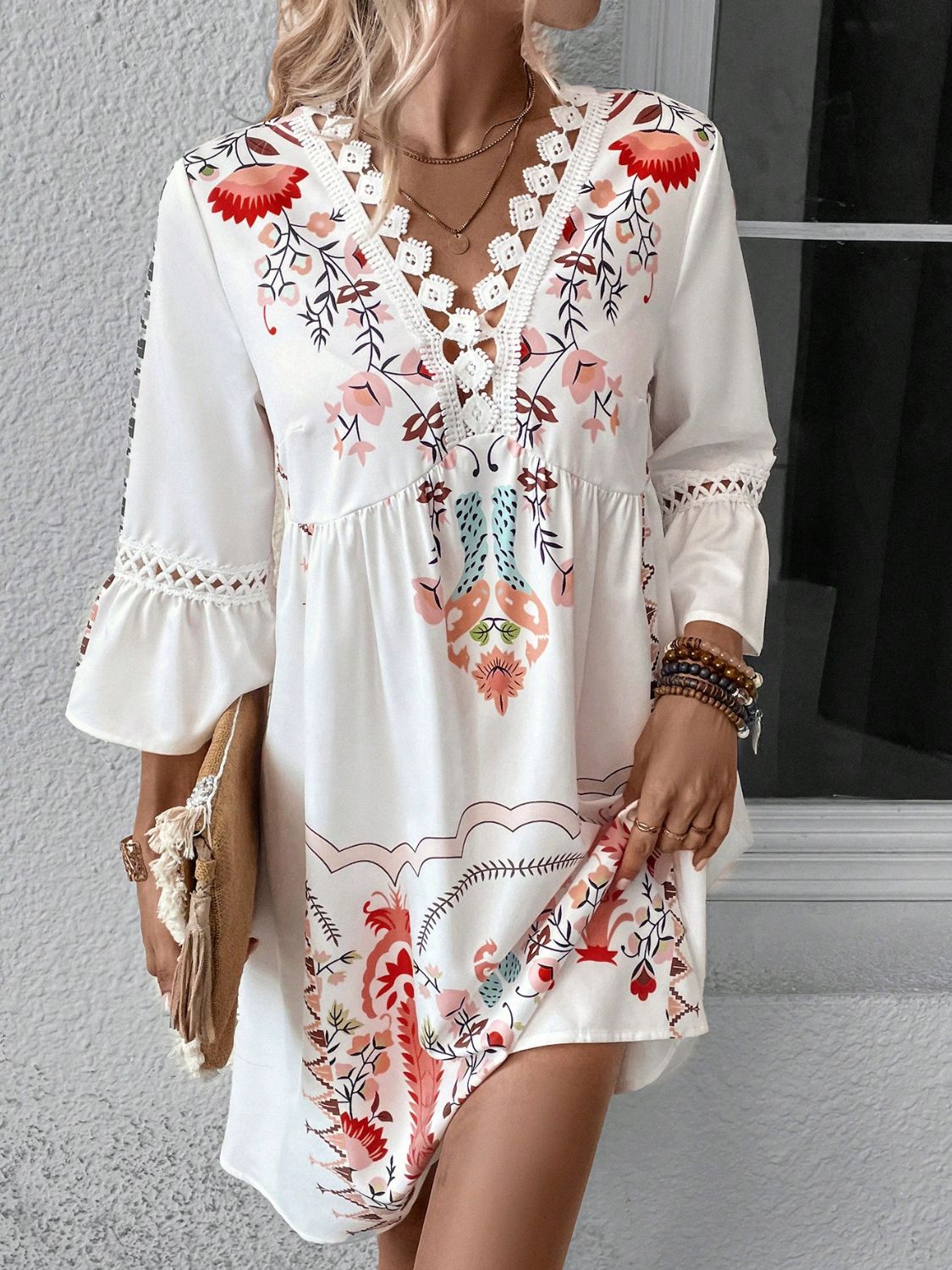 Lace Detail Printed Three-Quarter Sleeve Dress featuring elegant lace accents and semi-sheer fabric, perfect for stylish occasions.