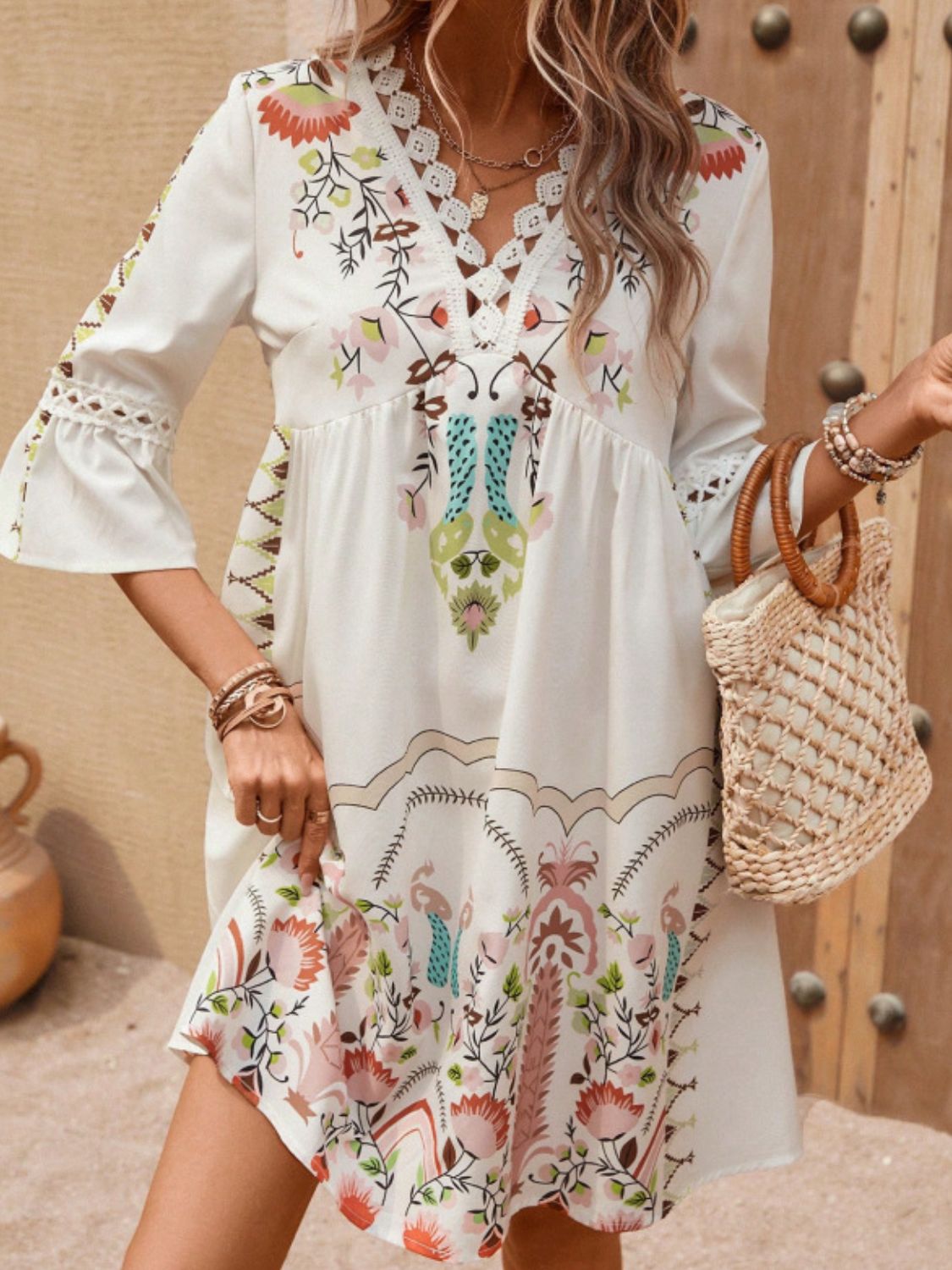 Lace Detail Printed Three-Quarter Sleeve Dress featuring elegant lace accents and semi-sheer fabric, perfect for stylish occasions.