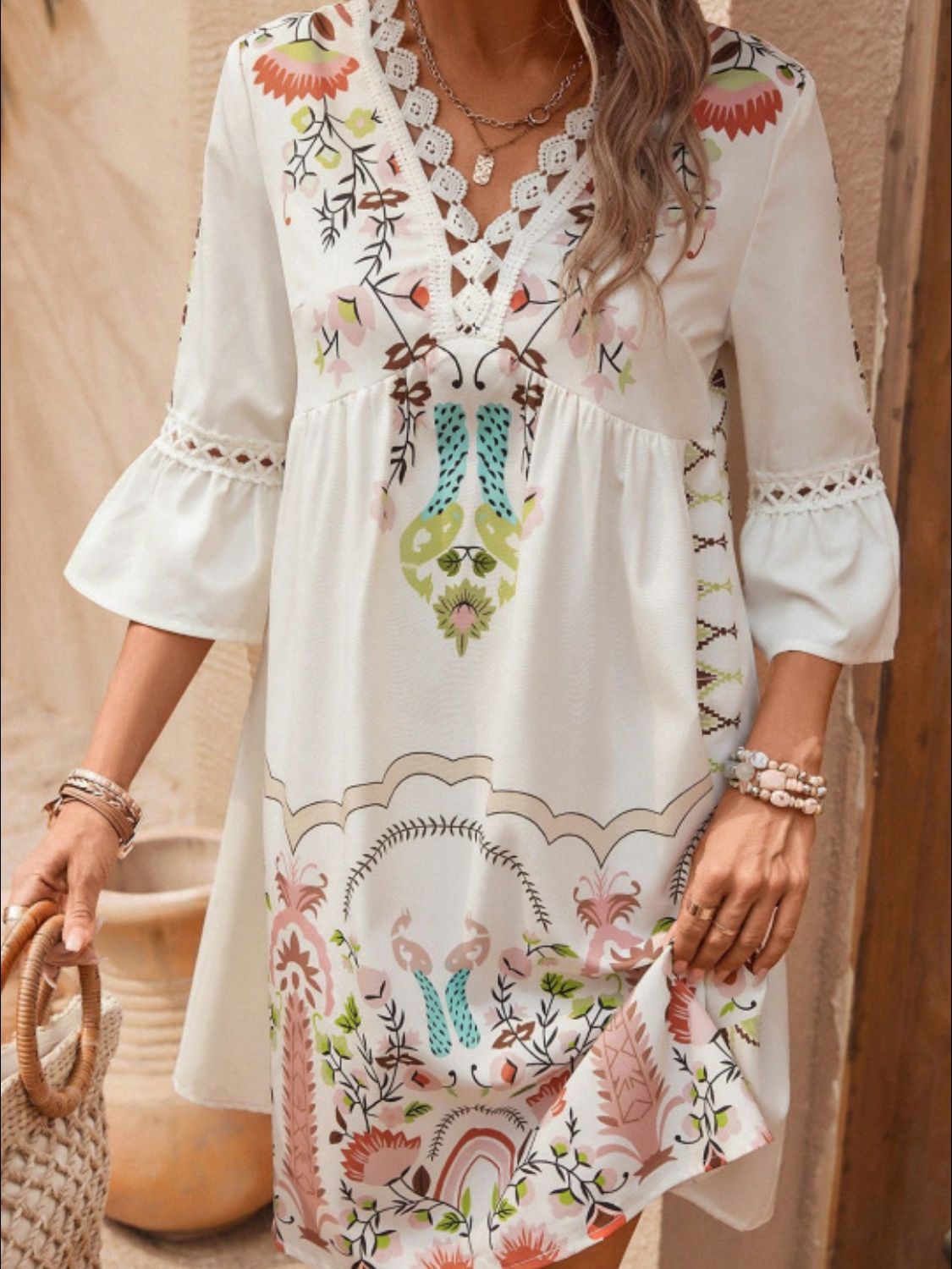 Lace Detail Printed Three-Quarter Sleeve Dress featuring elegant lace accents and semi-sheer fabric, perfect for stylish occasions.