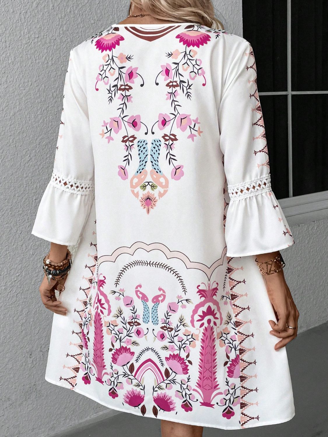 Lace Detail Printed Three-Quarter Sleeve Dress featuring elegant lace accents and semi-sheer fabric, perfect for stylish occasions.