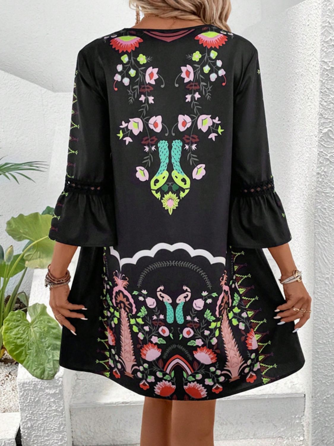 Lace Detail Printed Three-Quarter Sleeve Dress featuring elegant lace accents and semi-sheer fabric, perfect for stylish occasions.