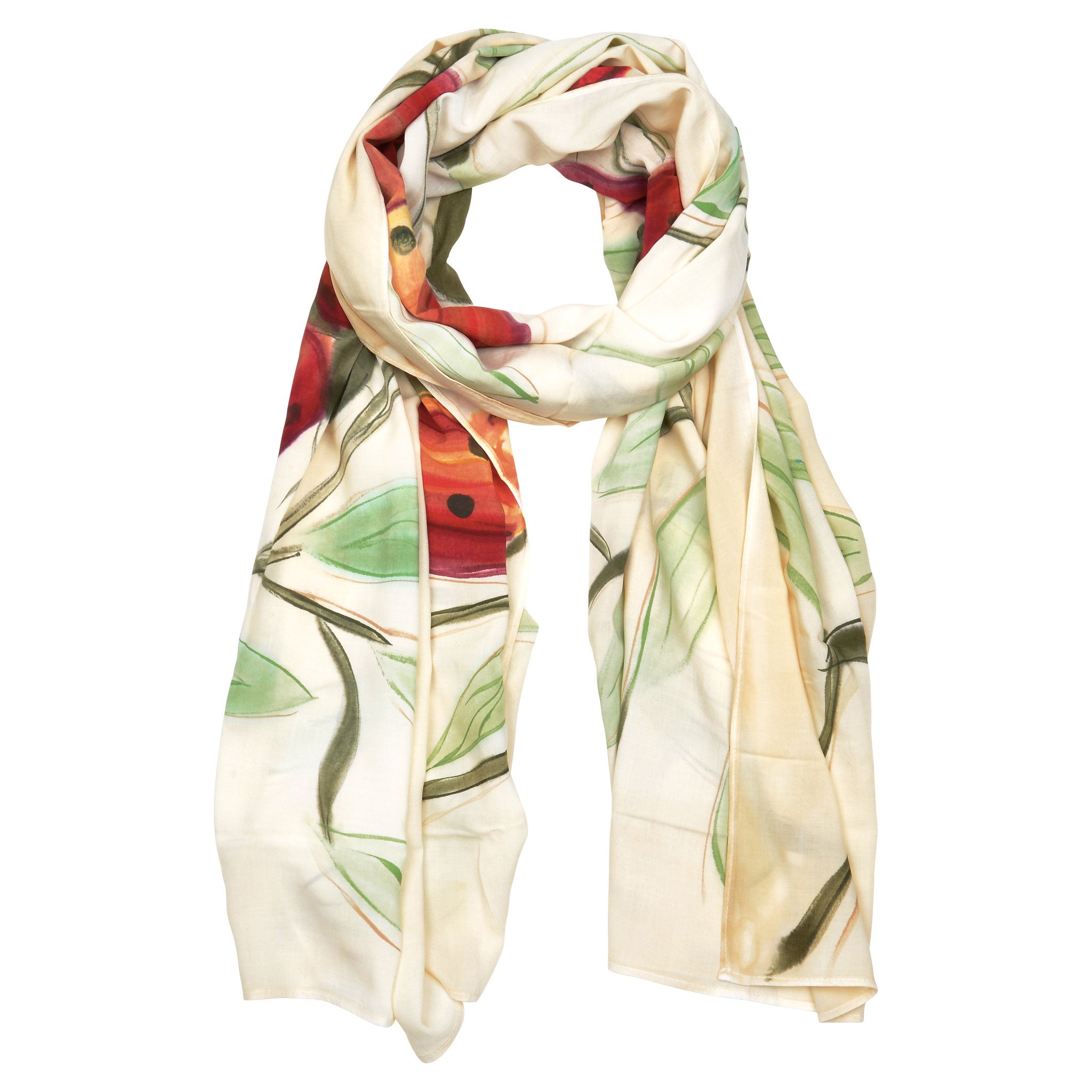 A vibrant Ladybug hand painted scarf featuring original artwork, showcasing intricate designs and rich colors, made from soft rayon fabric.