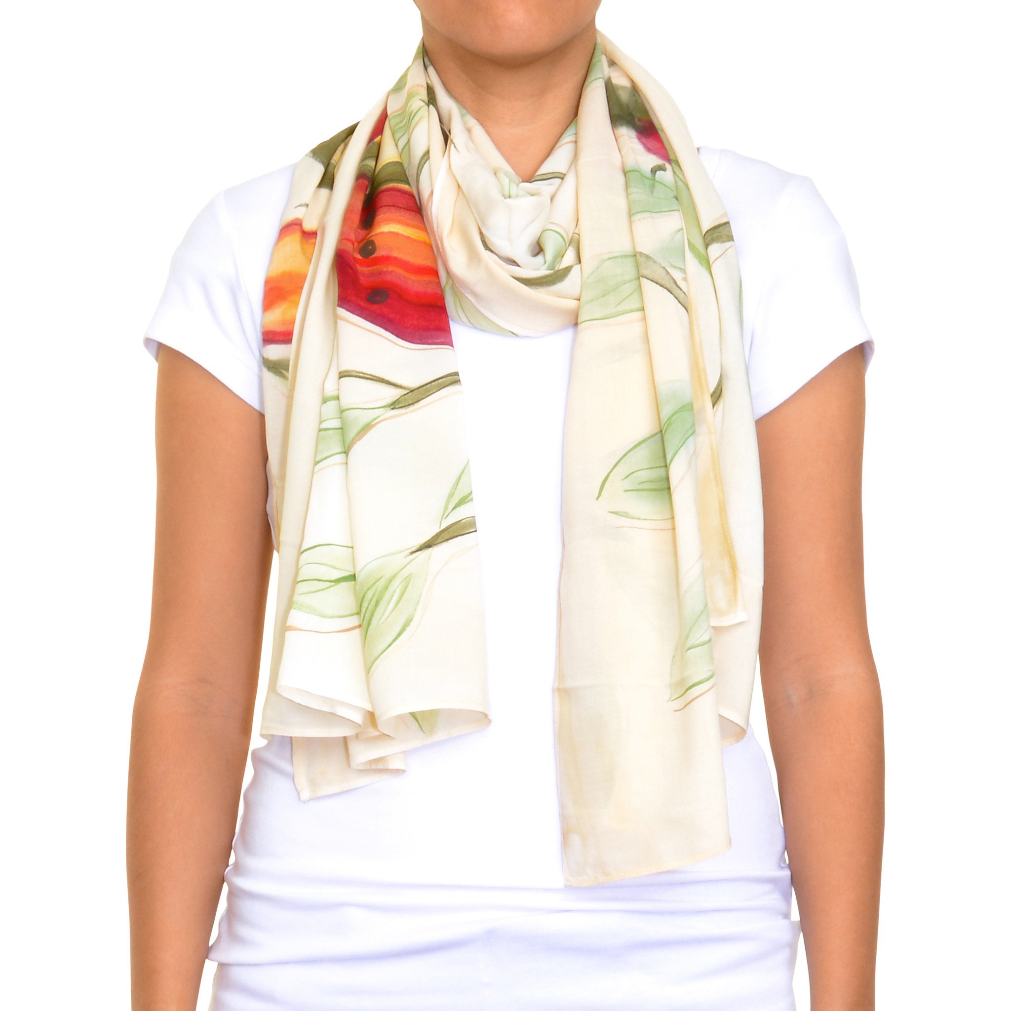 A vibrant Ladybug hand painted scarf featuring original artwork, showcasing intricate designs and rich colors, made from soft rayon fabric.