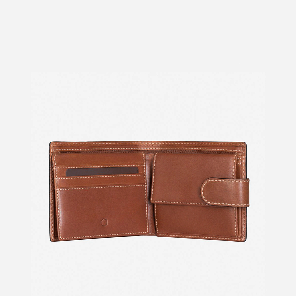 Large bifold wallet in clay color with a coin pouch, showcasing double-edged stitching and spacious design.