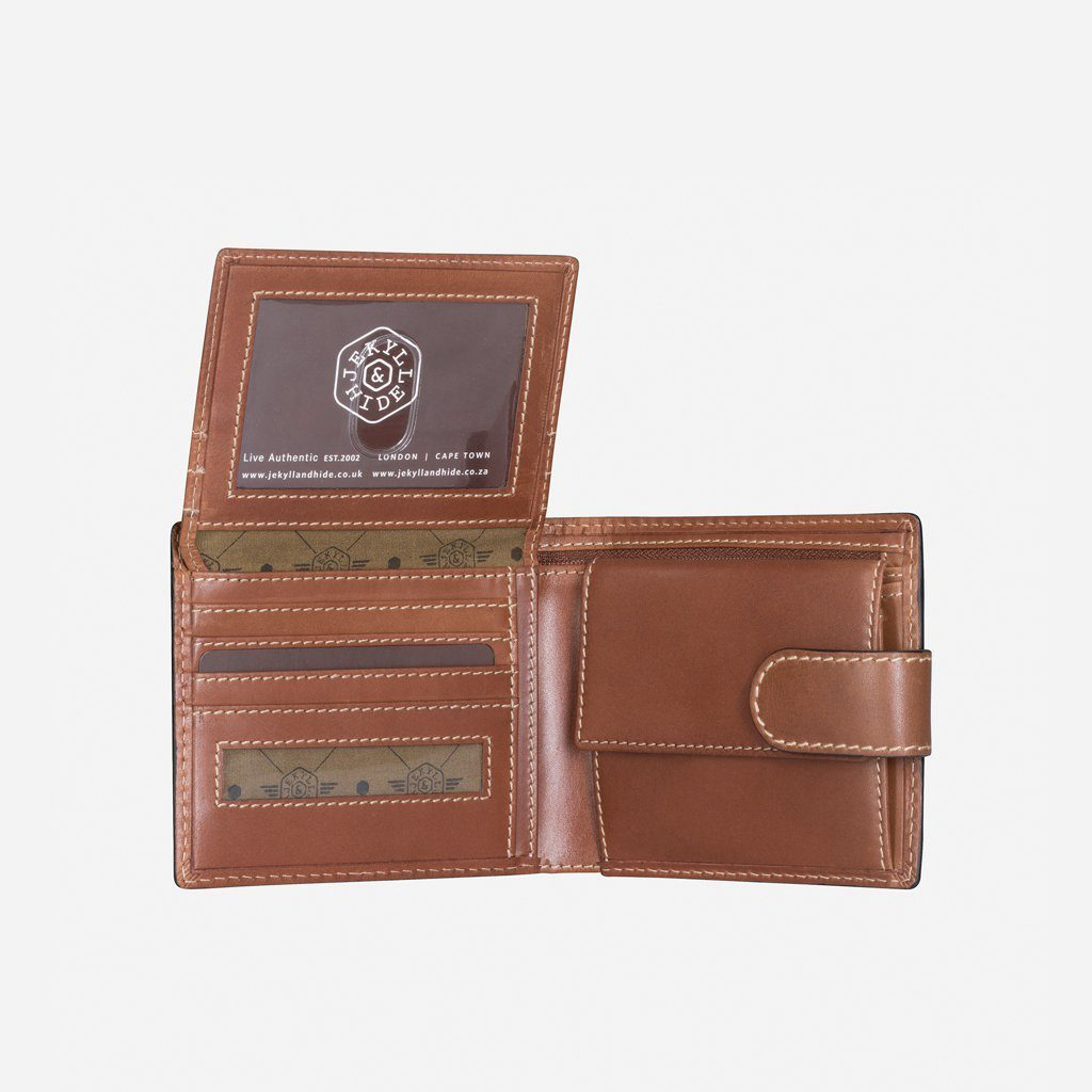 Large bifold wallet in clay color with a coin pouch, showcasing double-edged stitching and spacious design.