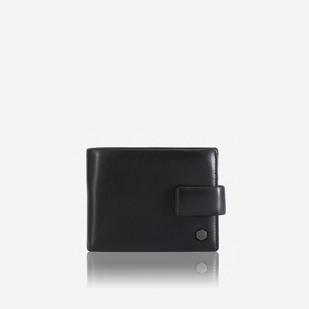 Large bifold wallet in soft black leather with press stud closure, showcasing its elegant design and practical features.