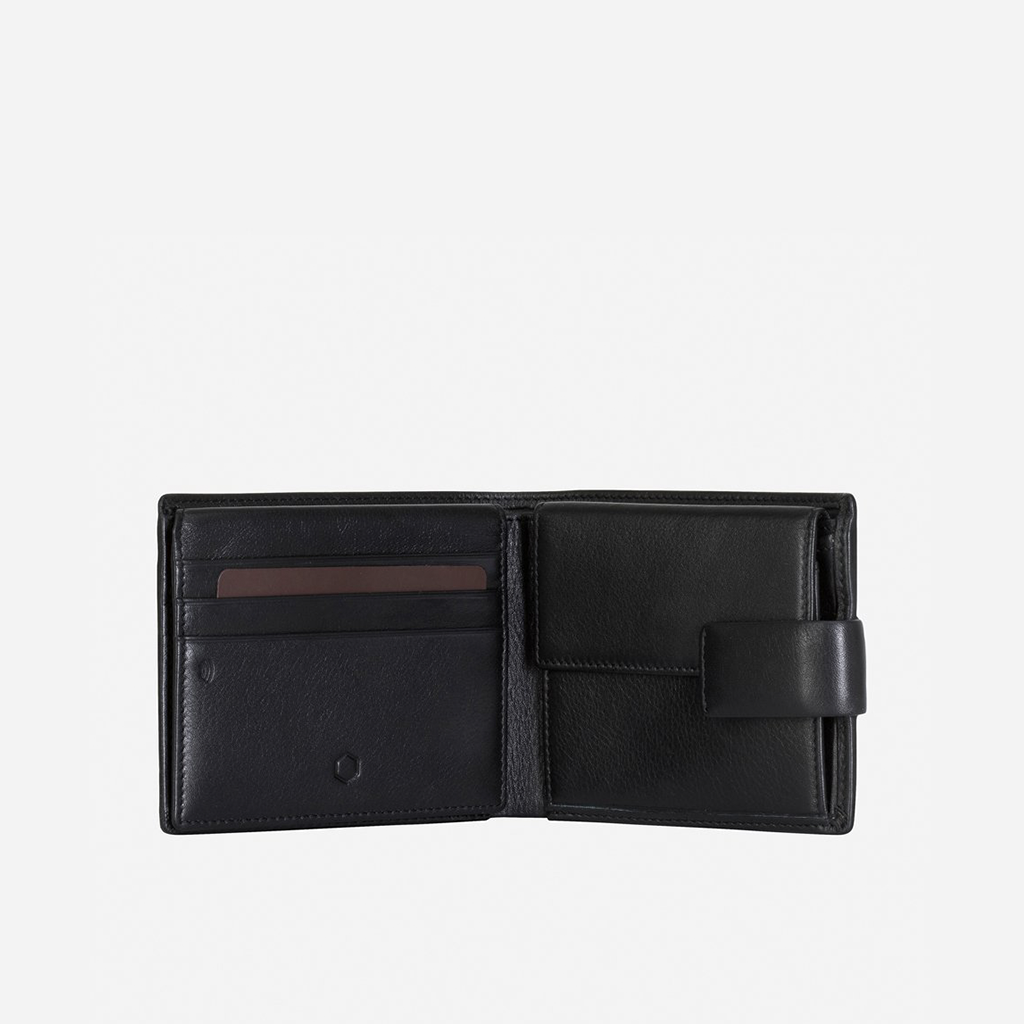 Large bifold wallet in soft black leather with press stud closure, showcasing its elegant design and practical features.